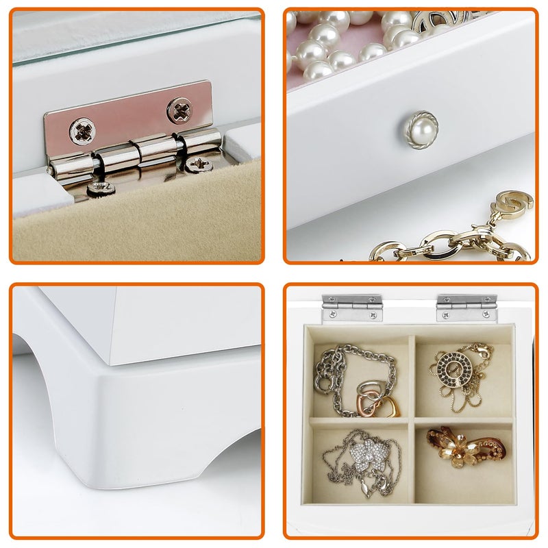 RR ROUND RICH DESIGN Jewelry Box - Made of Solid Wood with 4 Drawers Organizer and Built-in Necklace Carousel and Large Mirror White - Image 4